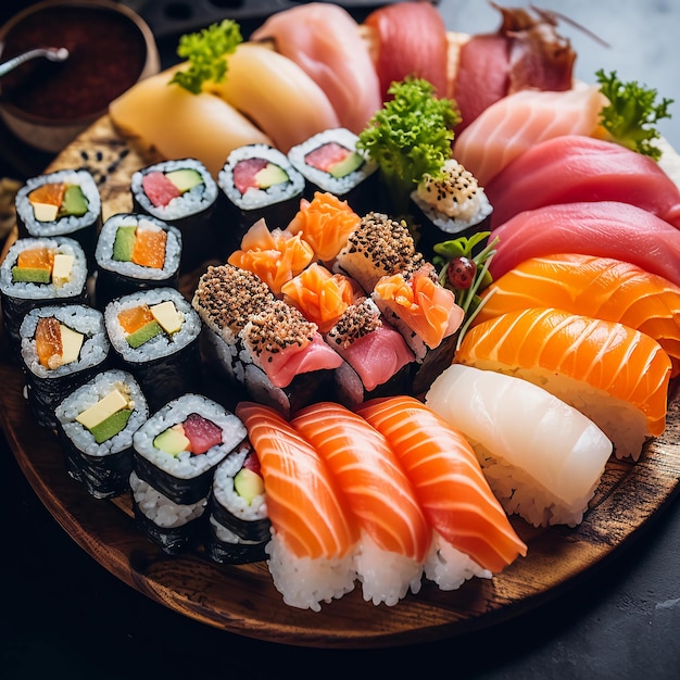 uma foto de um delicioso prato de sushi em um restaurante de sushi diferentes tipos de sushi