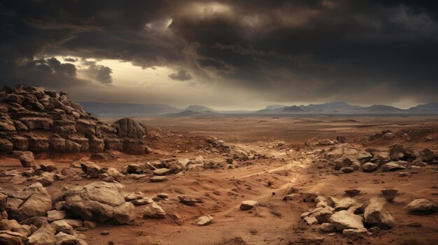 Uma foto de um deserto rochoso com uma tempestade distante luz difusa suave