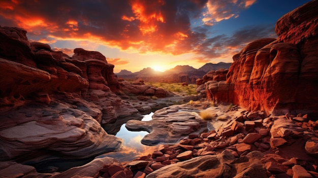 Foto uma foto de um desfiladeiro com formações rochosas vermelhas um céu dramático
