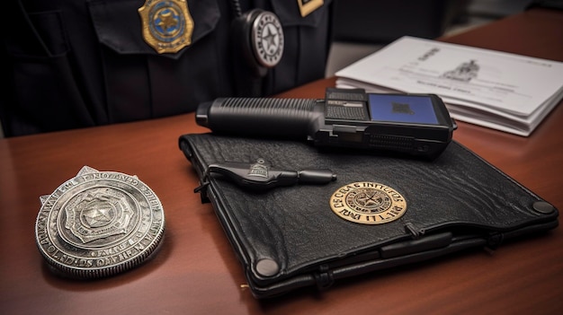 Foto uma foto de um distintivo de aplicação da lei e equipamento policial