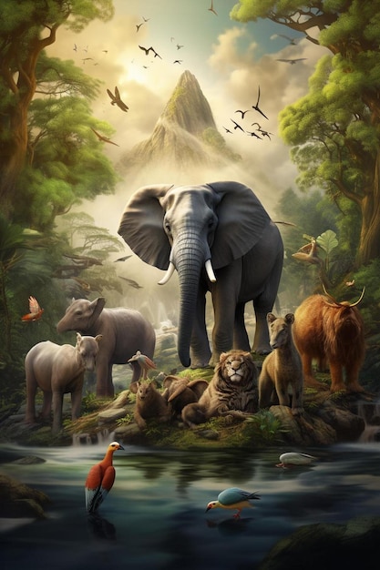 uma foto de um elefante e alguns animais na selva