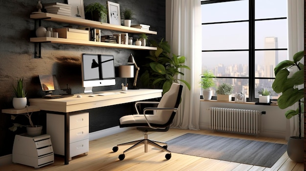 Uma foto de um escritório doméstico moderno com mesa ergonômica e decoração minimalista