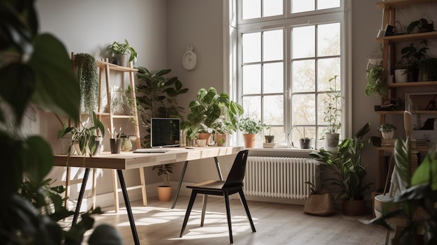 Uma foto de um escritório doméstico produtivo com luz natural e vegetação