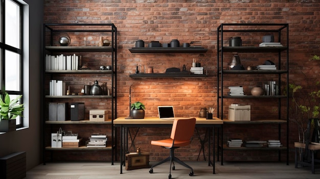 Uma foto de um espaço de trabalho em estilo industrial com paredes de tijolos e prateleiras de metal