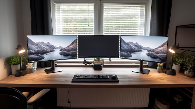 Uma foto de um espaço de trabalho produtivo com configuração de computador com monitor duplo