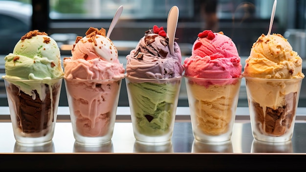 Uma foto de um estande de gelado de café com sabores de gelado exibidos