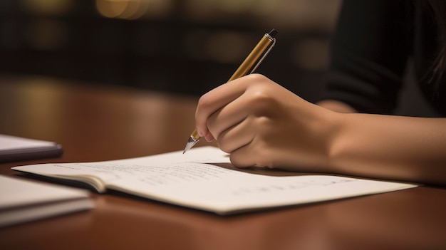 Uma foto de um estudante escrevendo em um caderno com caneta