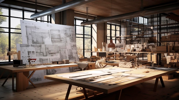 Uma foto de um estúdio de arquitetura com planos