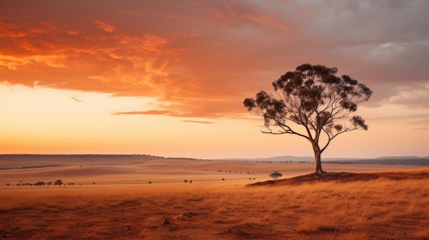 Uma foto de um eucalipto solitário no pôr-do-sol dourado do interior