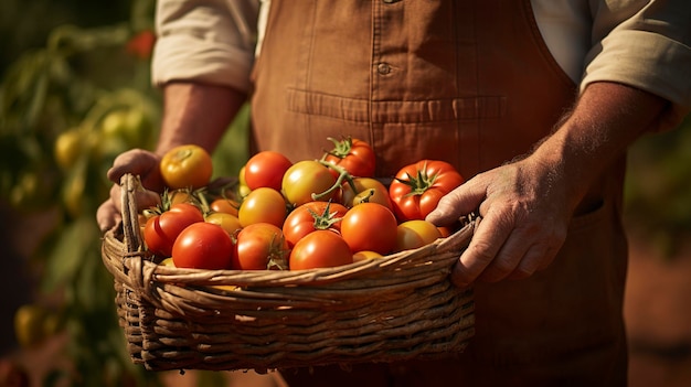 Uma foto de um fazendeiro com uma cesta de tomates tradicionais recém-colhidos