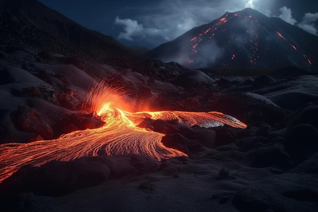 Uma foto de um fluxo de lava com o céu ao fundo