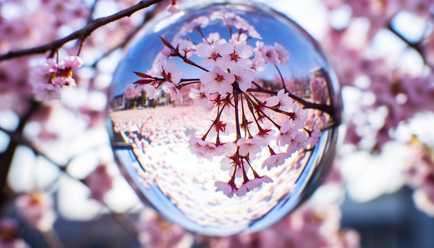 Uma foto de um globo de vidro refletindo as flores de cerejeira circundantes