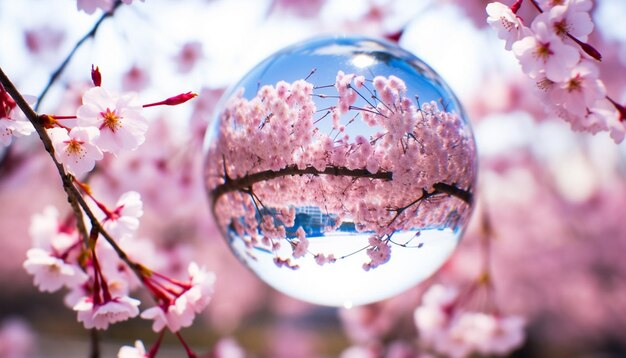 Uma foto de um globo de vidro refletindo as flores de cerejeira circundantes