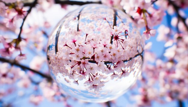 Uma foto de um globo de vidro refletindo as flores de cerejeira circundantes