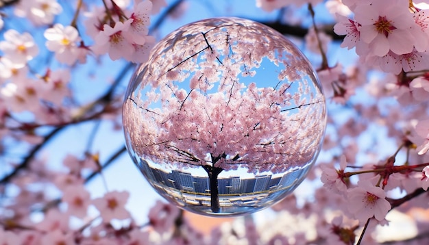 Uma foto de um globo de vidro refletindo as flores de cerejeira circundantes