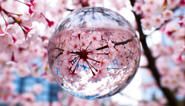 Uma foto de um globo de vidro refletindo as flores de cerejeira circundantes