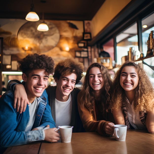 Uma foto de um grupo de amigos adolescentes em uma cafeteria