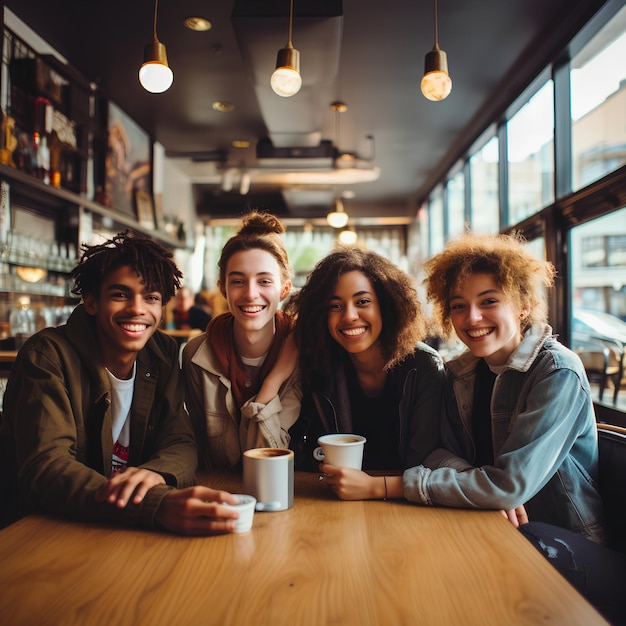 Uma foto de um grupo de amigos adolescentes em uma cafeteria