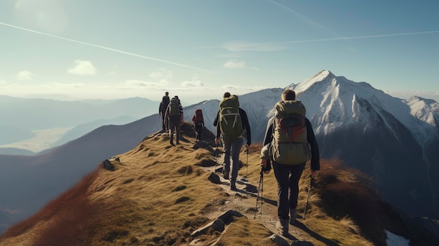 Uma foto de um grupo de amigos caminhando ao longo de um cume