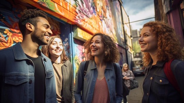 Uma foto de um grupo de amigos explorando um vibrante bairro de arte de rua