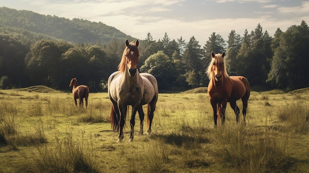 Uma foto de um grupo de cavalos pastando em uma terra pacífica