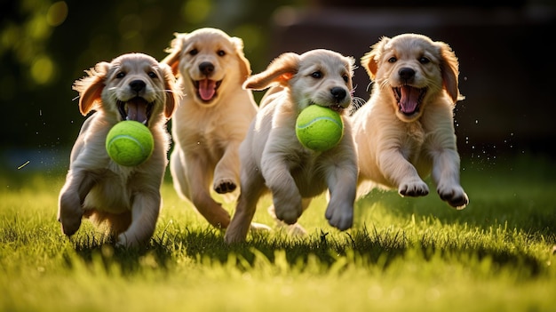 Foto uma foto de um grupo de filhotes brincando com uma bola de tênis de grama verde