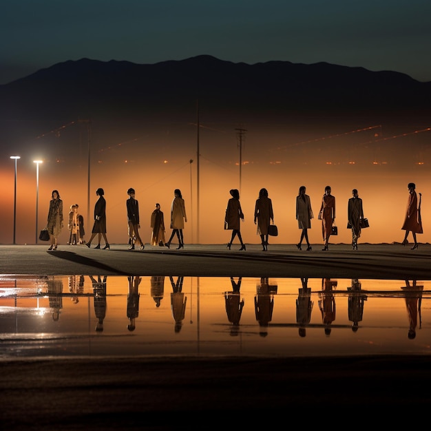 Uma foto de um grupo de mulheres andando em uma passarela à noite