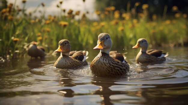 Uma foto de um grupo de patos vagueando em uma lagoa de fazenda
