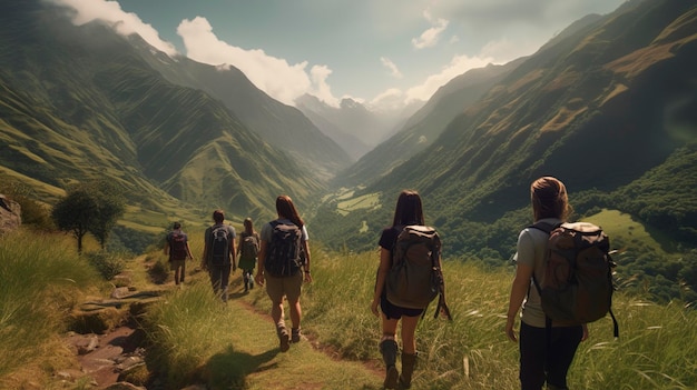 Uma foto de um grupo de turismo ecológico em uma caminhada sustentável