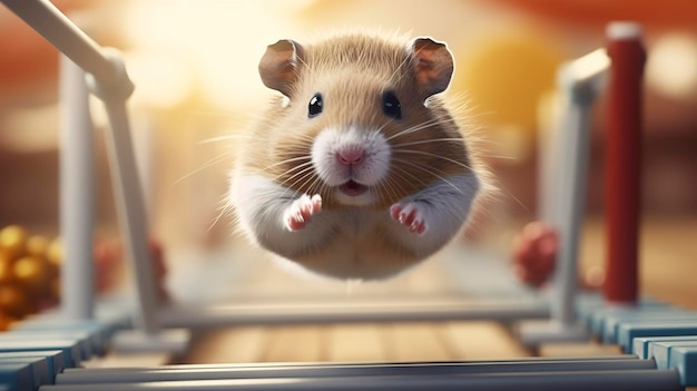 Uma foto de um hamster concentrado conquistando uma intrincada rotina de treinamento