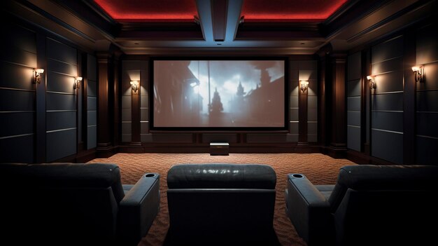 Uma foto de um home theater com assentos luxuosos e uma tela grande