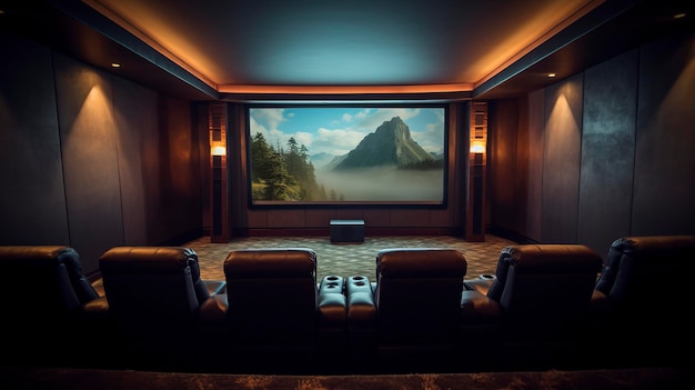 Uma foto de um home theater com uma grande tela de projeção