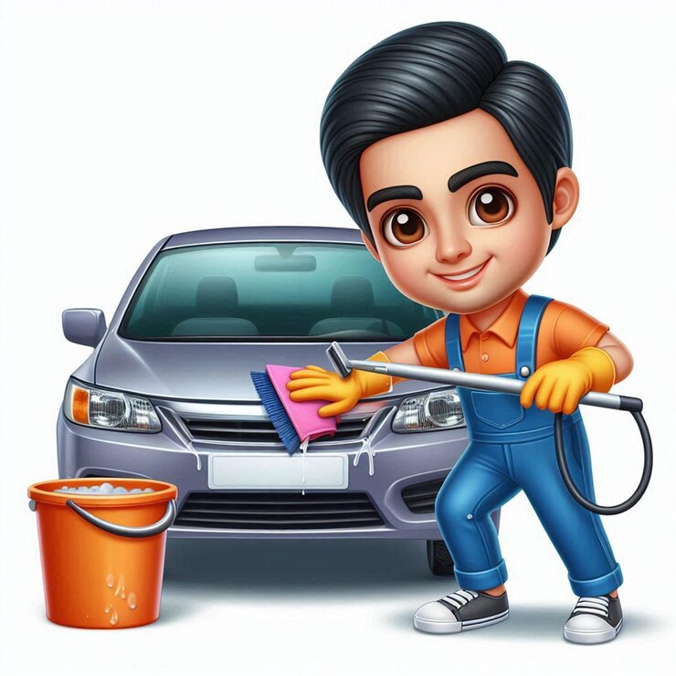 Foto uma foto de um homem lavando um carro e um carro azul