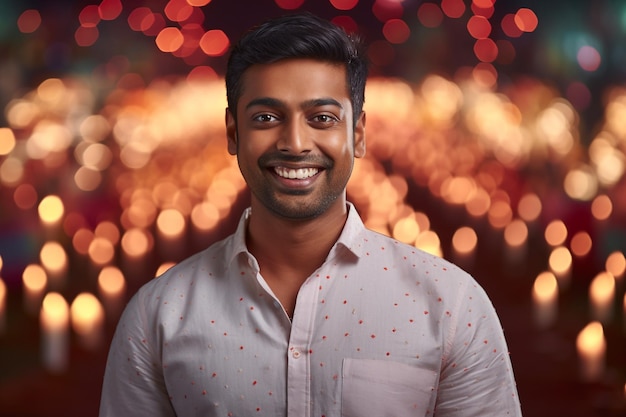 Uma foto de um homem sorridente em pé em uma celebração de Diwali