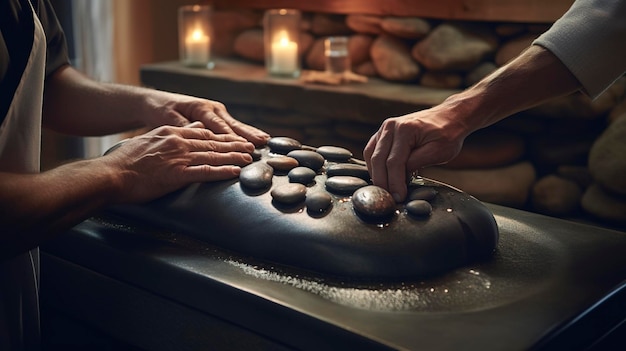 Uma foto de um hóspede de spa recebendo uma massagem com pedras quentes