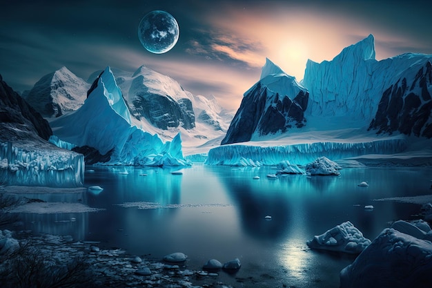 Uma foto de um iceberg com a lua ao fundo