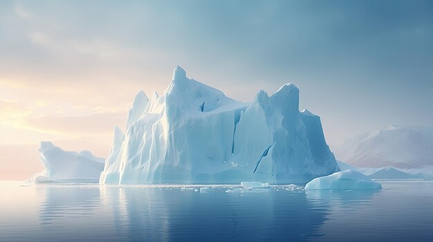 Uma foto de um iceberg flutuando no oceano com penhascos cobertos de neve ao fundo