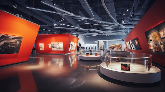 Uma foto de um interior de museu contemporâneo com design de exposição inovador