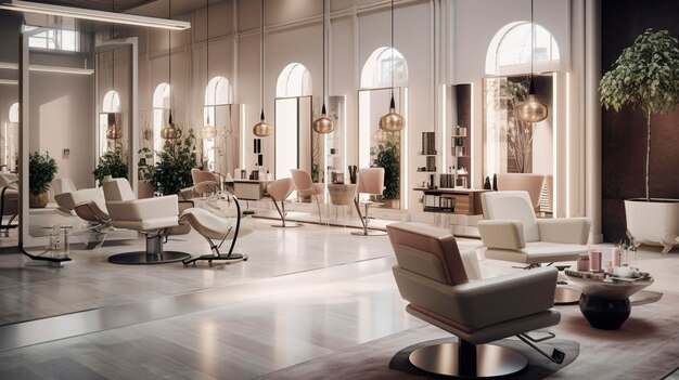 Uma foto de um interior de salão de cabeleireiro bem iluminado e elegante
