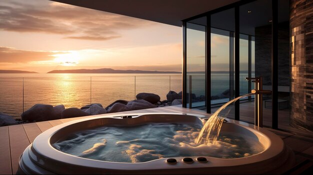 Uma foto de um jacuzzi de spa com vista para o oceano