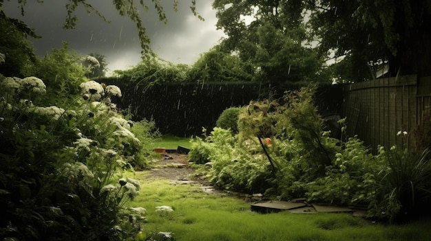 Uma foto de um jardim danificado depois de uma tempestade de granizo no céu