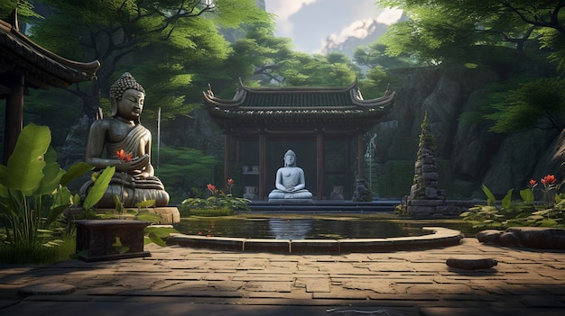 Uma foto de um jardim de meditação pacífica com uma fonte zen