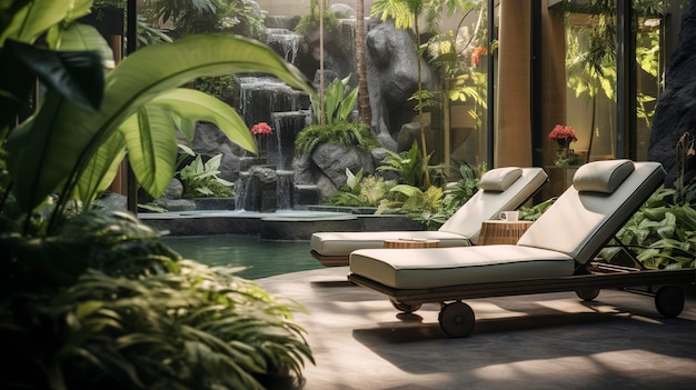 Uma foto de um jardim de spa com cadeiras de luxo