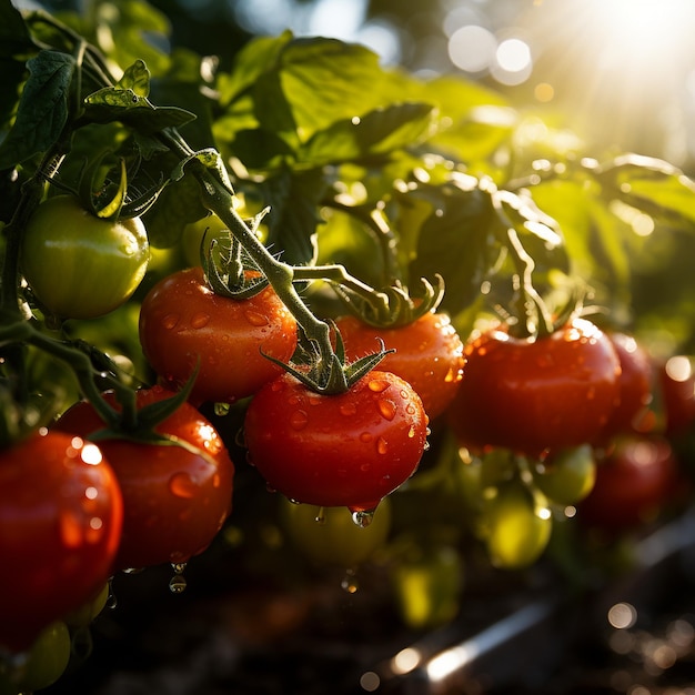 Uma foto de um jardim exuberante com fileiras de tomates maduros