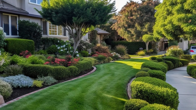 Uma foto de um jardim frontal lindamente paisagístico com gramado bem cuidado