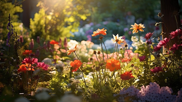 Uma foto de um jardim iluminado com flores