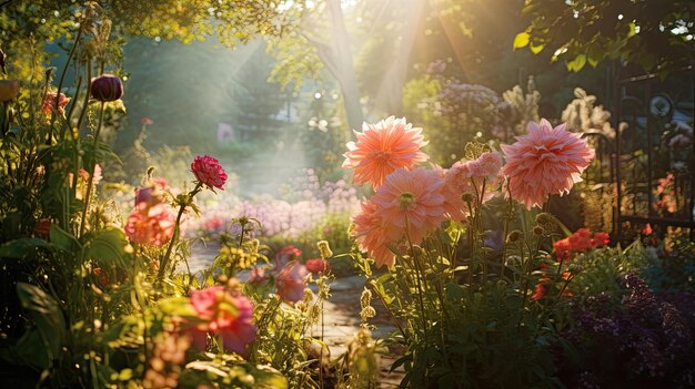 Foto uma foto de um jardim iluminado com flores