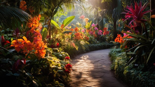 Uma foto de um jardim tropical com flores coloridas manchadas de luz solar