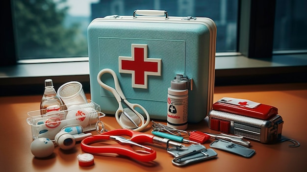 Foto uma foto de um kit de brinquedo de médico infantil com ferramentas médicas