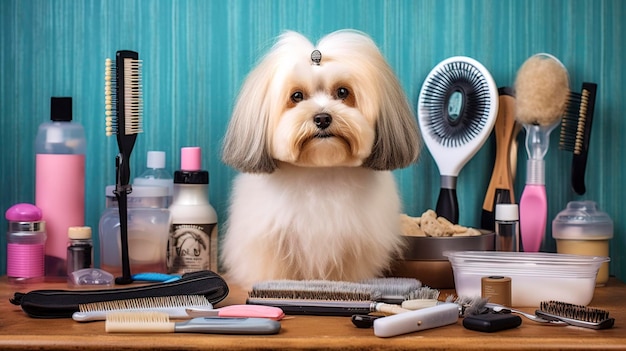 Uma foto de um kit de higiene para cães com escovas e tesouras